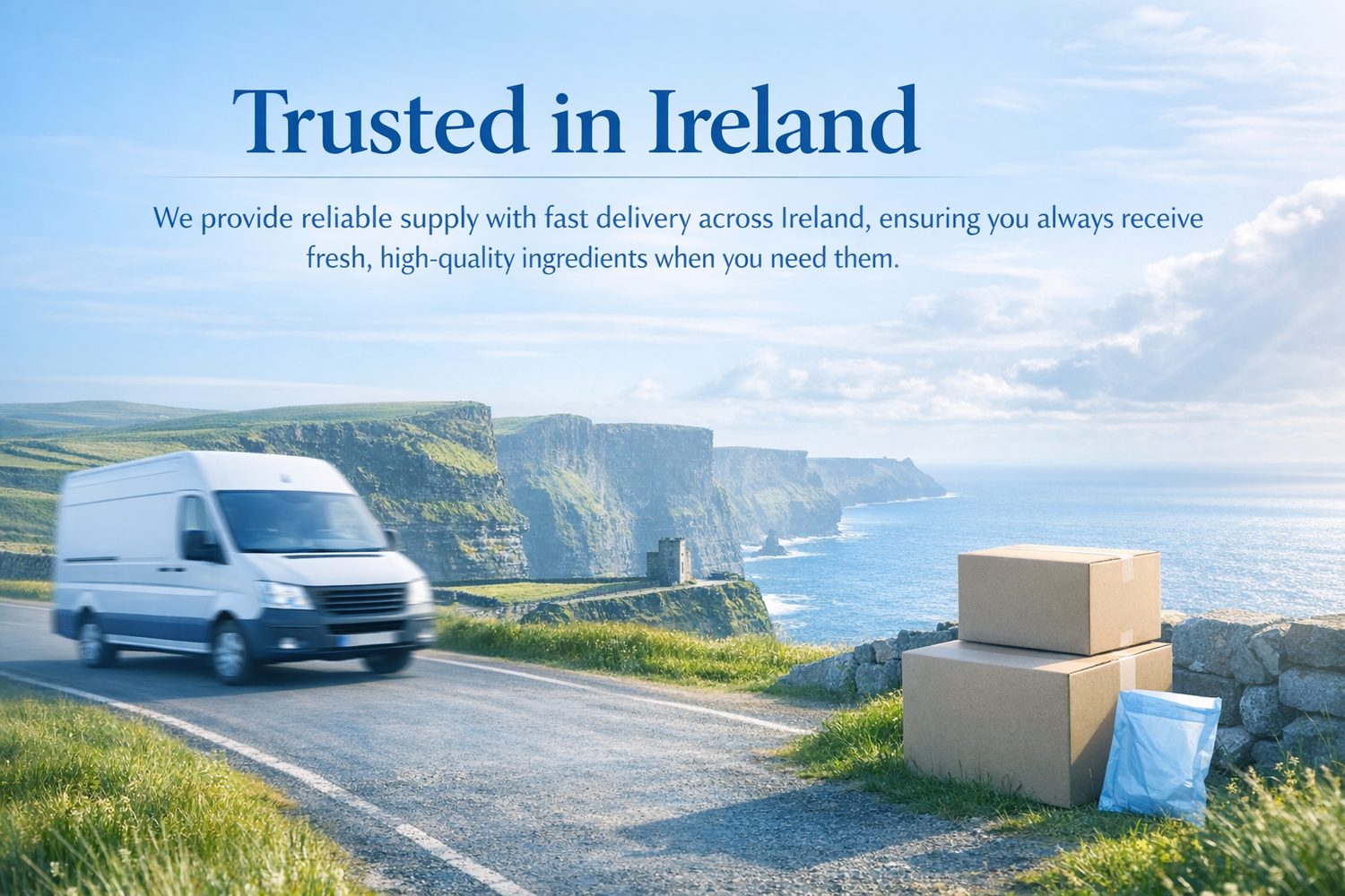 Van driving on a road with scenic cliffs and ocean view, accompanied by text about reliable supply and fast delivery in Ireland.