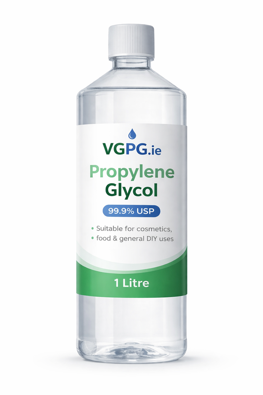Bottle of propylene glycol with VGPG.ie label on a white background