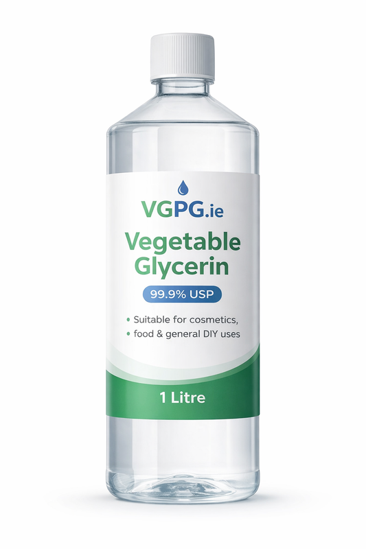 Bottle of Vegetable Glycerin with VGPG.ie label on a white background