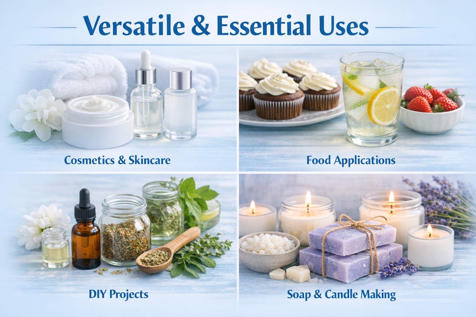 Collage of items used in cosmetics, skincare, food applications, DIY projects, soap, and candle making.